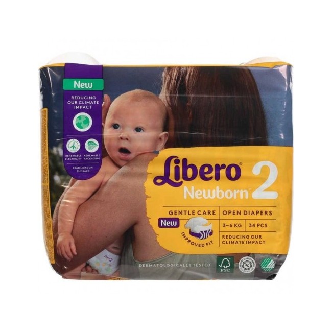 Libero Newborn Taglia 2 Pannolino Bambino 3-6Kg 34 Pezzi